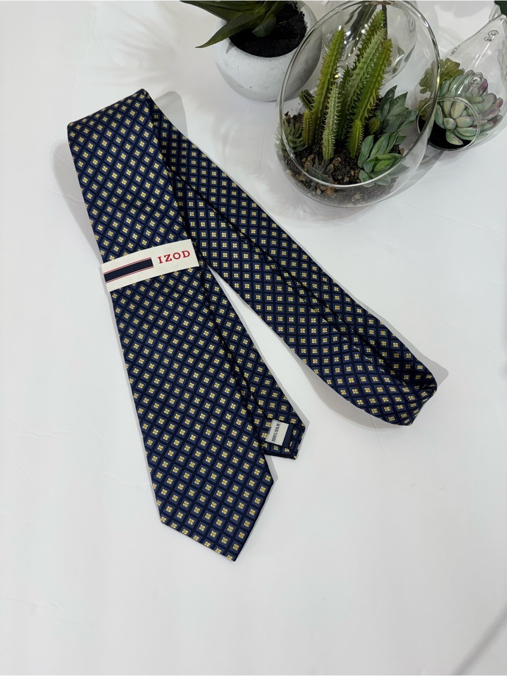 Izod Navy and Yellow Geometric Silk Tie - Picture 1 of 5